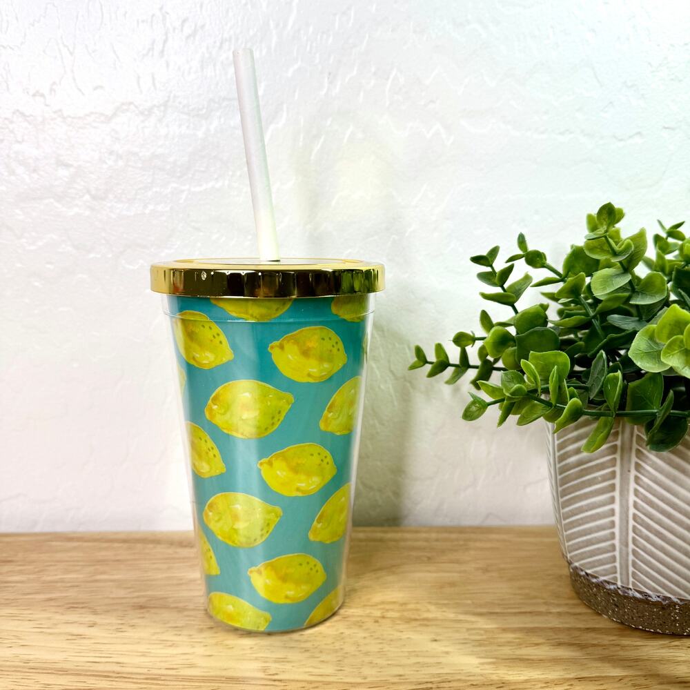 Lemon Mug Cup Glass Tumbler w/ Lid & Straw Water Coffee Soda School Office NEW